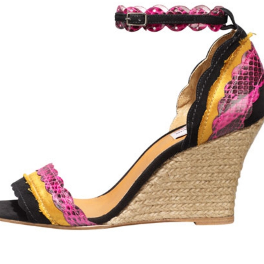 LANVIN Scalloped Snakeskin Suede Wedge Sandal Sz 37